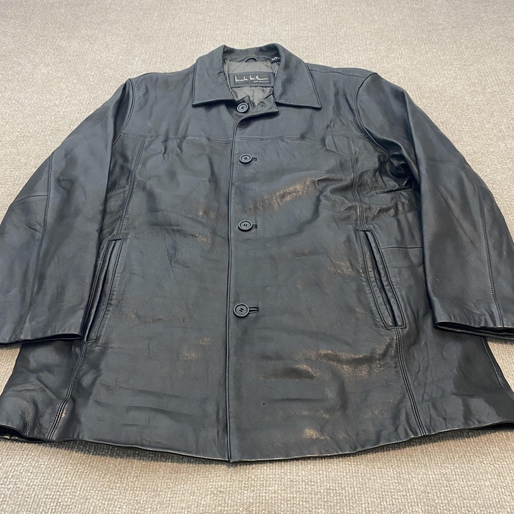 Nicole Miller Coat Mens XL Black Lamb Leather Overcoat Lined Pockets